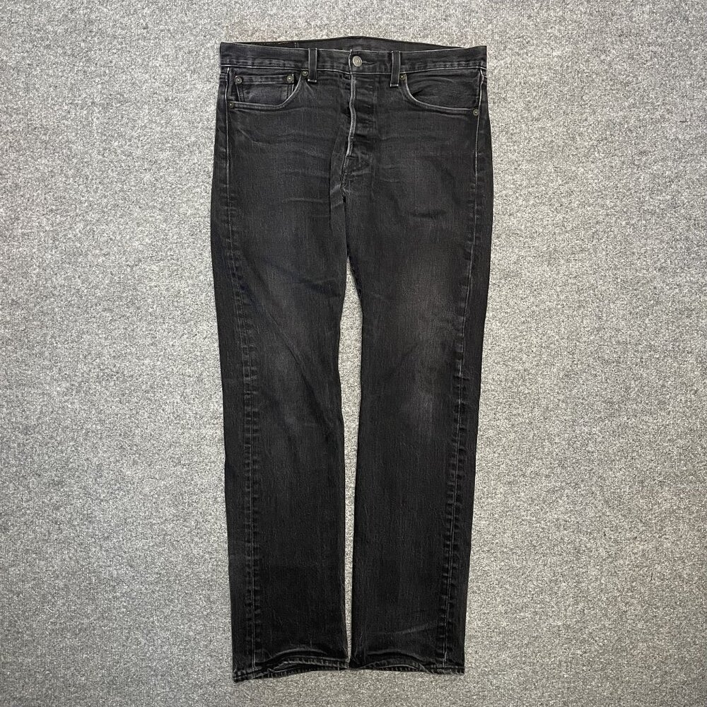 Levis Black Button-Fly Denim Jeans 32x34 Straight Fit Distressed Mens Classic